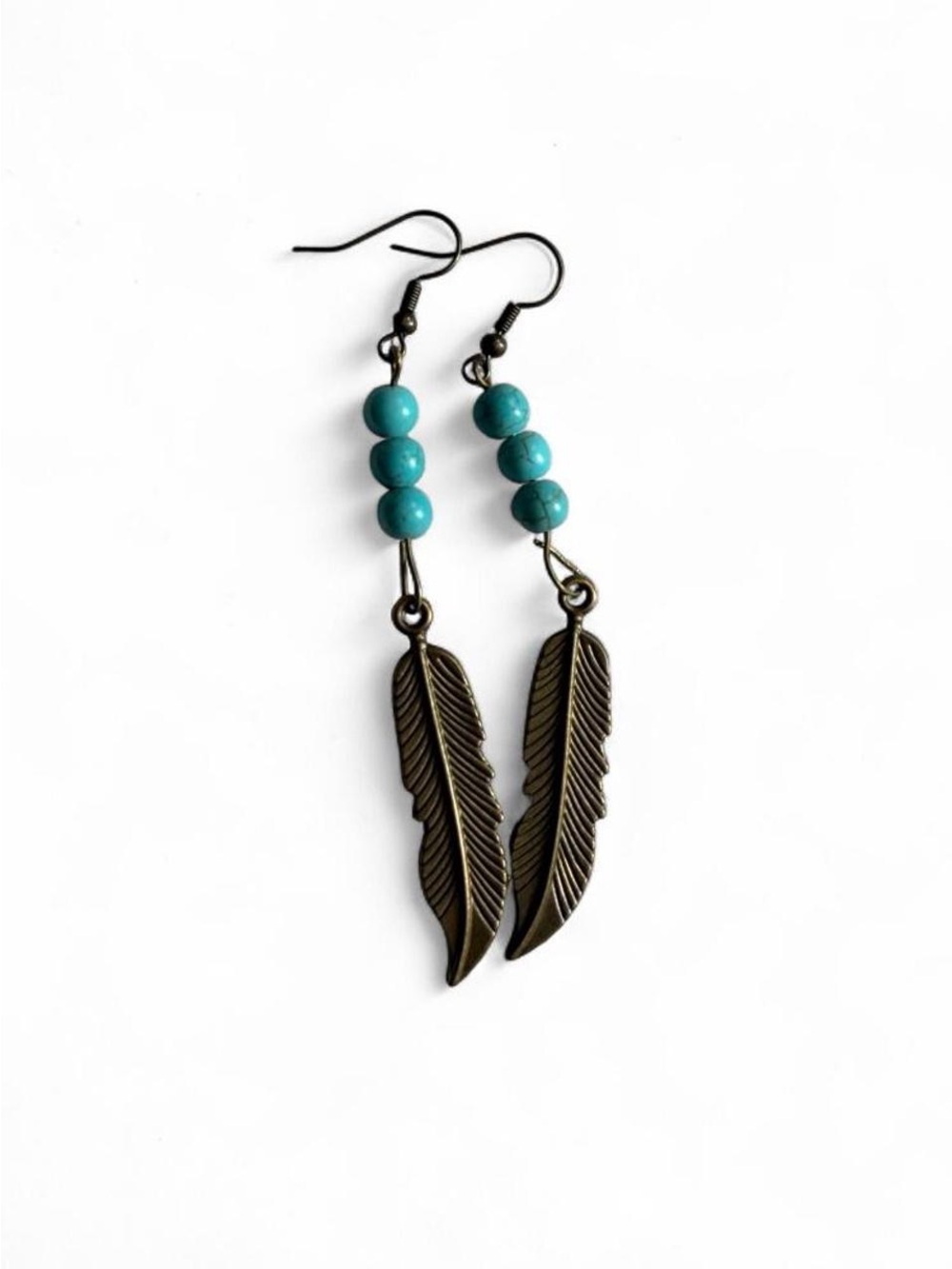 Handmade Turquoise Bead Bronze Feather Dangle Earrings Boho Western Jewelry